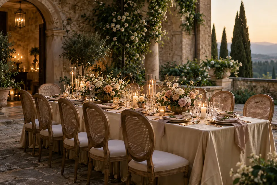 A candlelit intimate reception table in a European courtyard