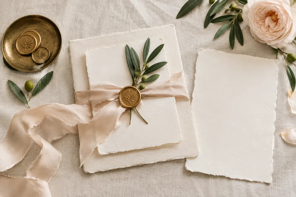 Handmade stationery with silk ribbon, wax seal, and an olive sprig