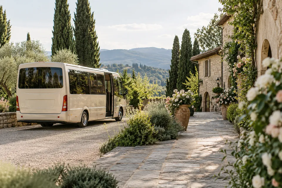A minibus beside a stone pedestrian path at a country venue