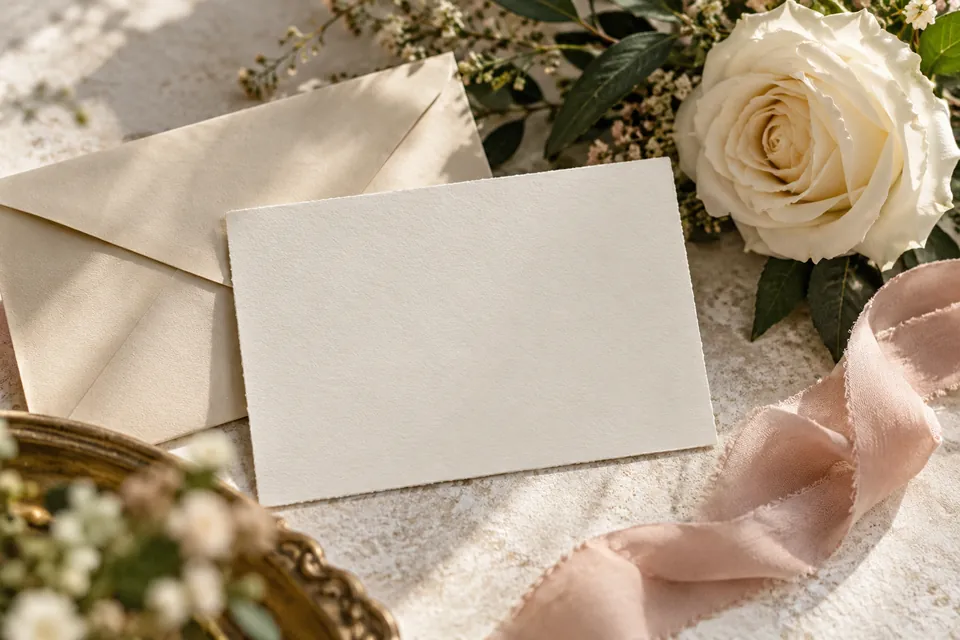 A blank wedding greeting card with an envelope and garden rose